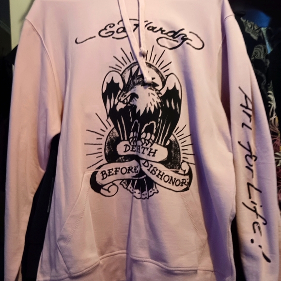 Ed Hardy Tops - ED Hardy NWT Death Before Dishonor.  Super cute pink hoodie. M but fit XL/L